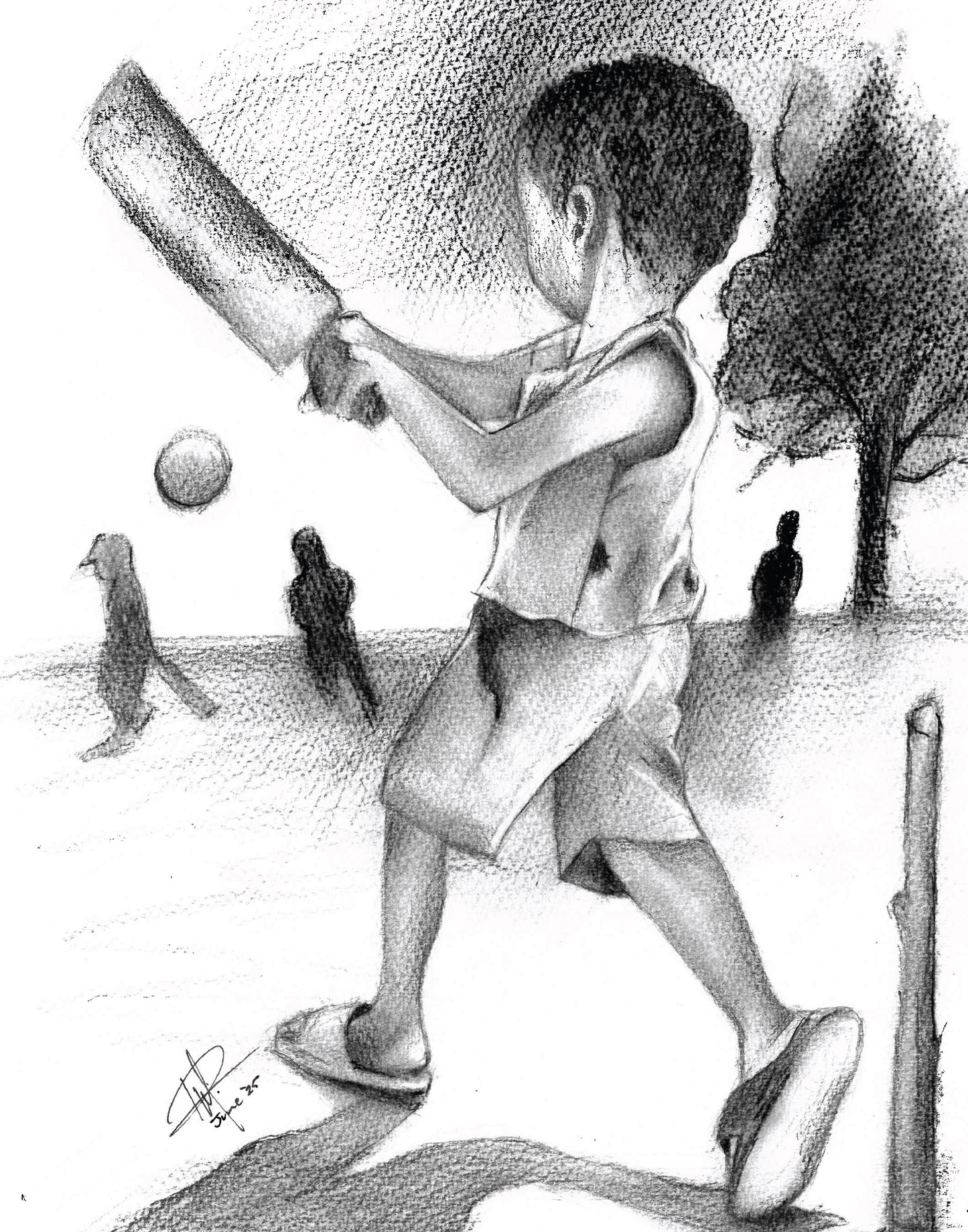 Charcoal Art - Around the Yard - Boys' Cricket Game