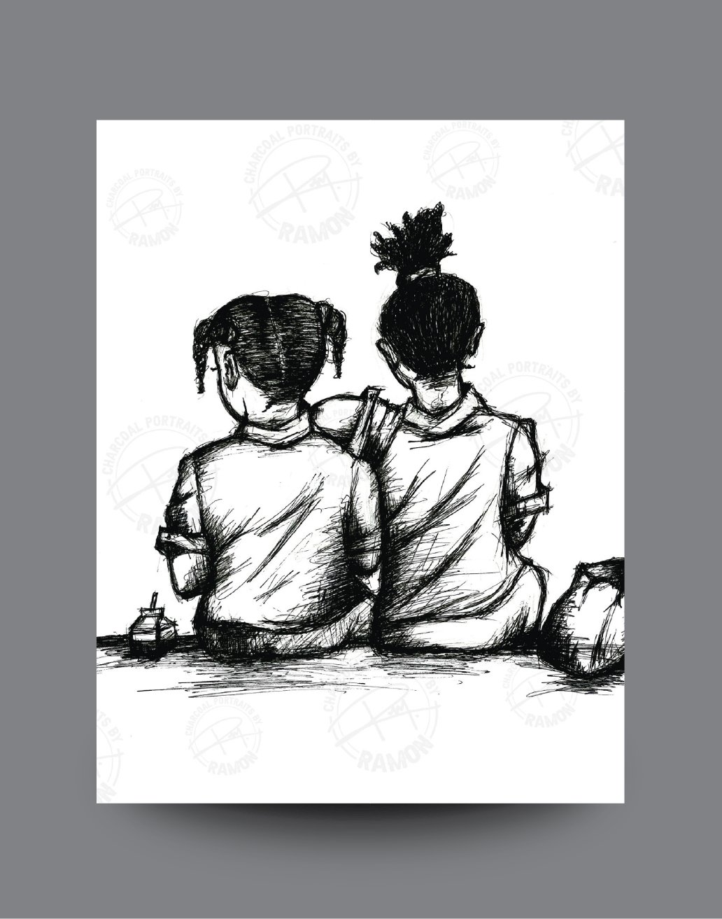Charcoal Art - Around the Yard - Two Little Girls