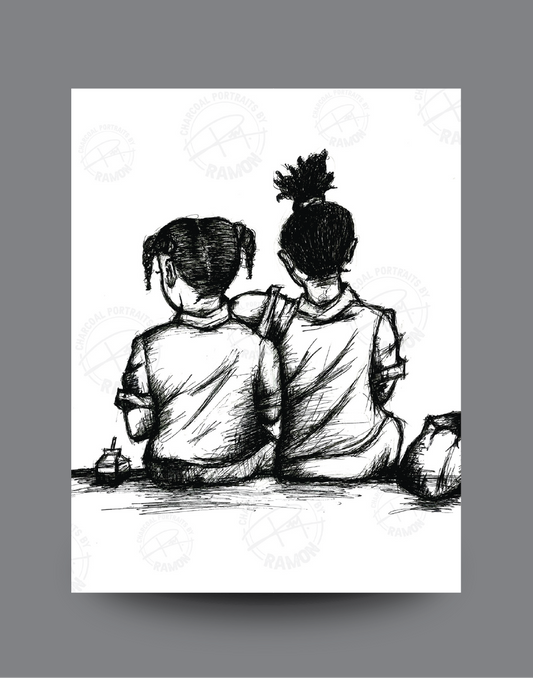 Charcoal Art - Around the Yard - Two Little Girls