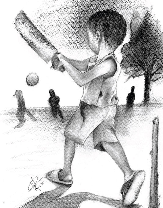 Charcoal Art - Around the Yard - Boys' Cricket Game